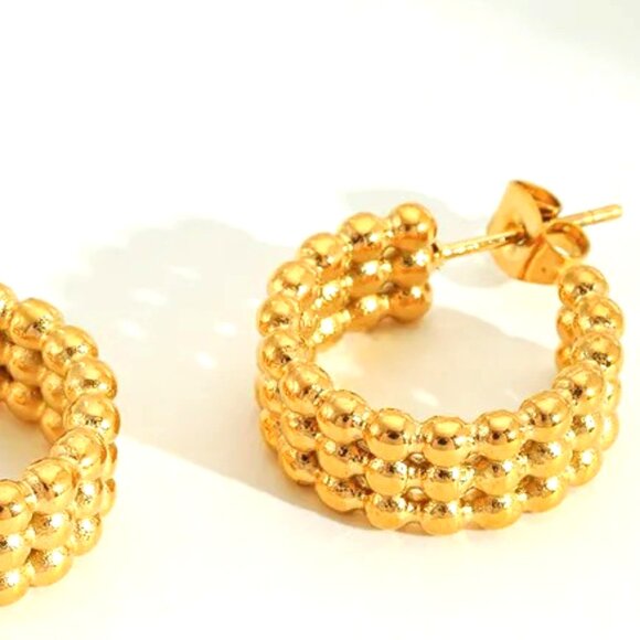 18k GOLD DIPPED WOVEN GOLDEN CHAIN OPEN BACK HOOP EARRNG - Picture 2 of 2